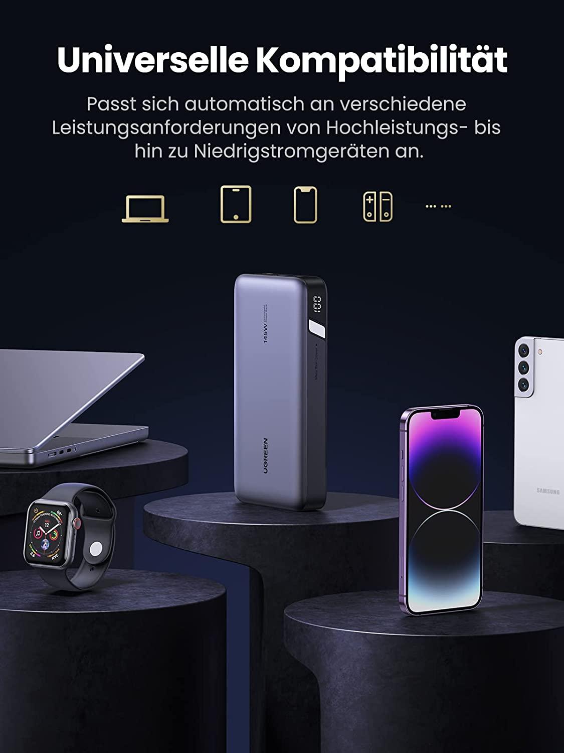 UGREEN 145W Max Power Bank 25000 mAh, 3 Anschlüsse, USB-C, Digitales Display - CarbonPhone