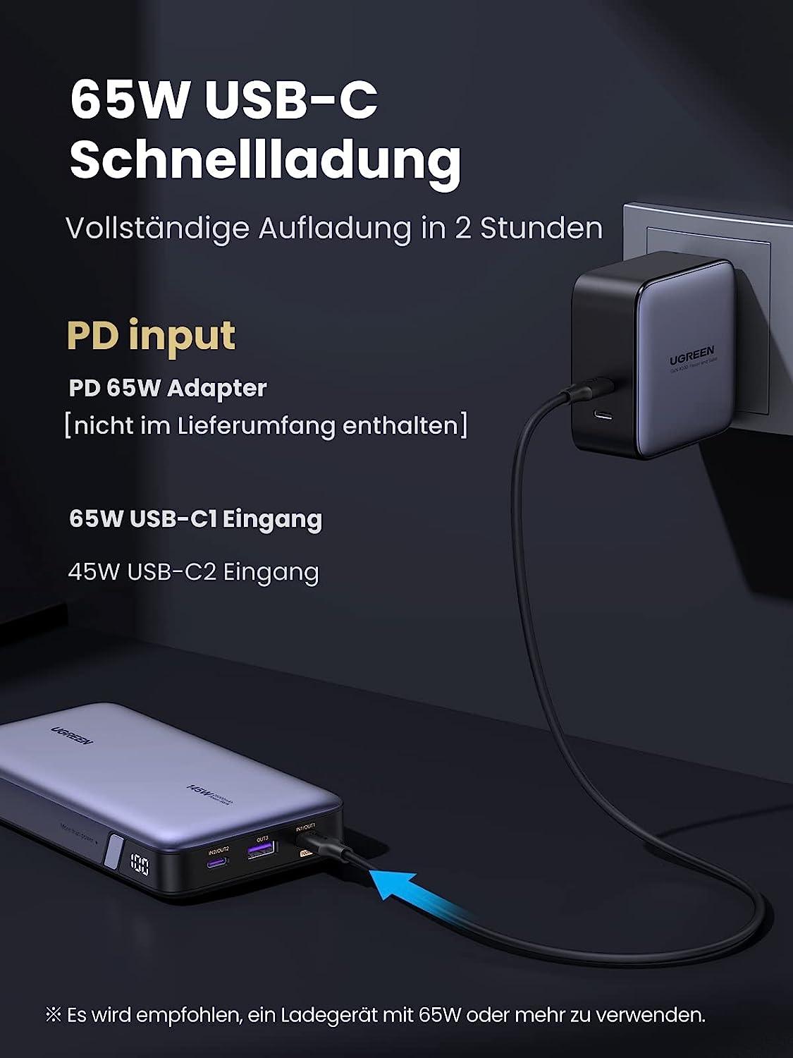 UGREEN 145W Max Power Bank 25000 mAh, 3 Anschlüsse, USB-C, Digitales Display - CarbonPhone