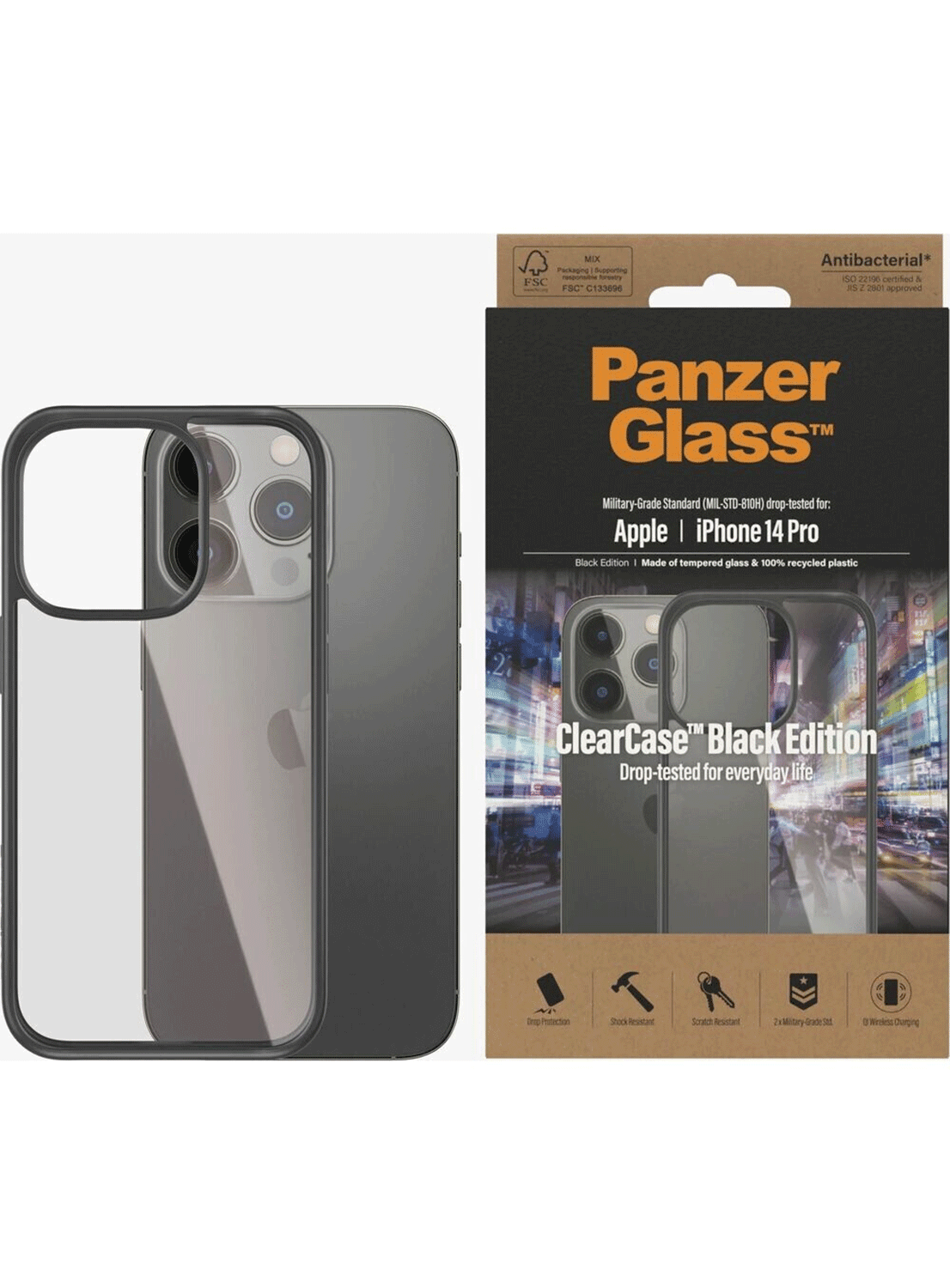 PanzerGlass Antibakterieller Schutzhülle für iPhone 14 Pro (Schwarzer Rahmen) - CarbonPhone