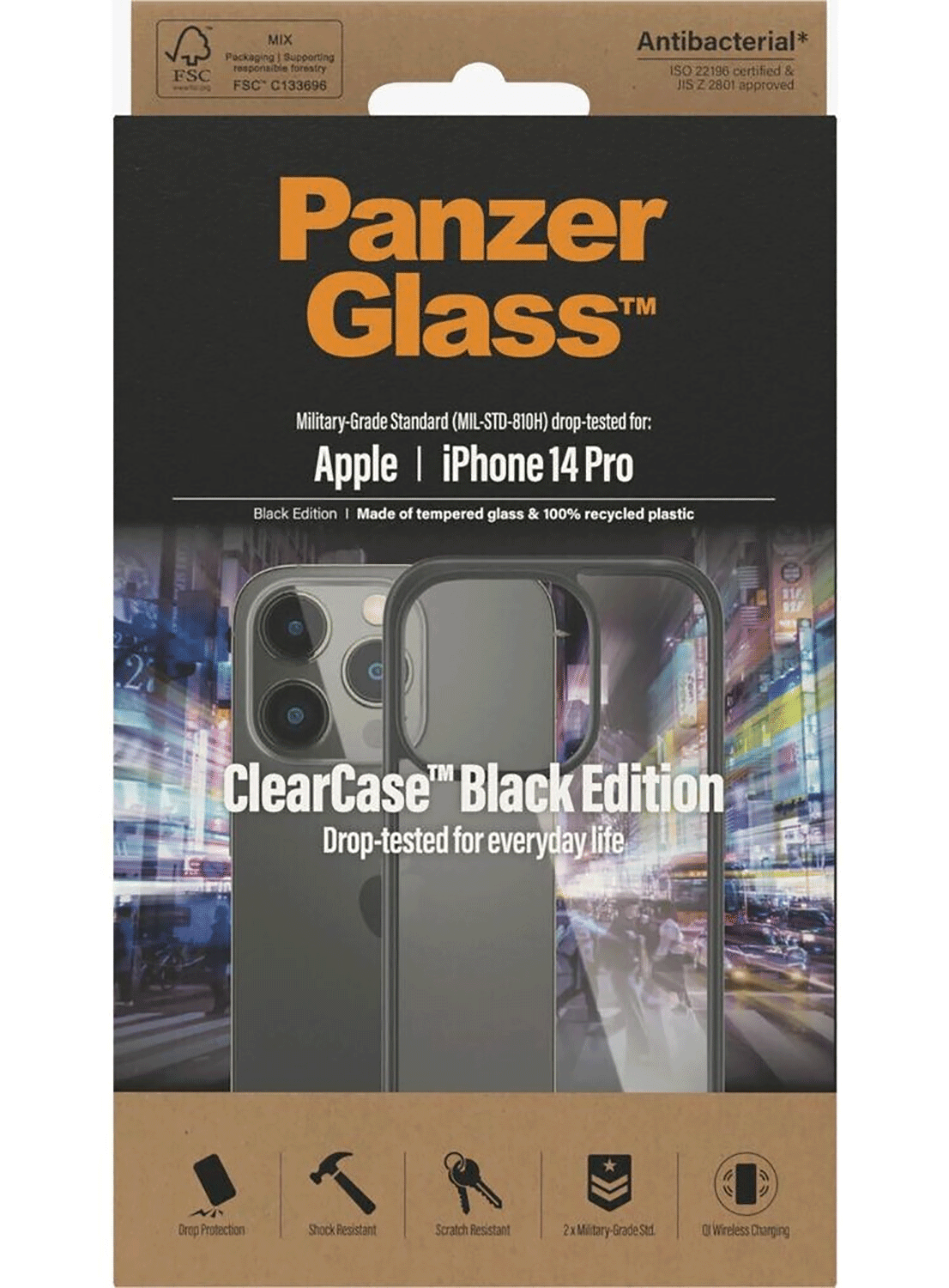 PanzerGlass Antibakterieller Schutzhülle für iPhone 14 Pro (Schwarzer Rahmen) - CarbonPhone