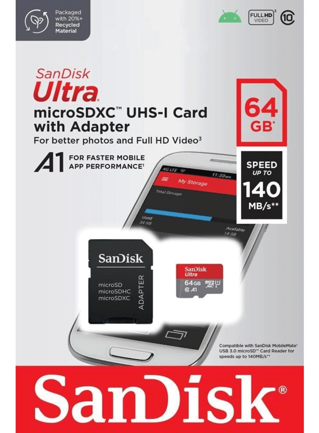 SanDisk Ultra A1 microSD 64GB (SDSQUAB-GN6MA) - CarbonPhone